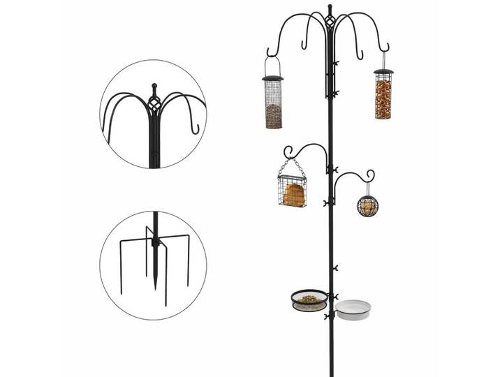 ComfortXL Vogelfutterstation De-17808 mit 4 Hänge-Futterhäuschen & 6 Haken Schwarz, Metall, 58x226x58 cm, Dekoration, Gartendeko