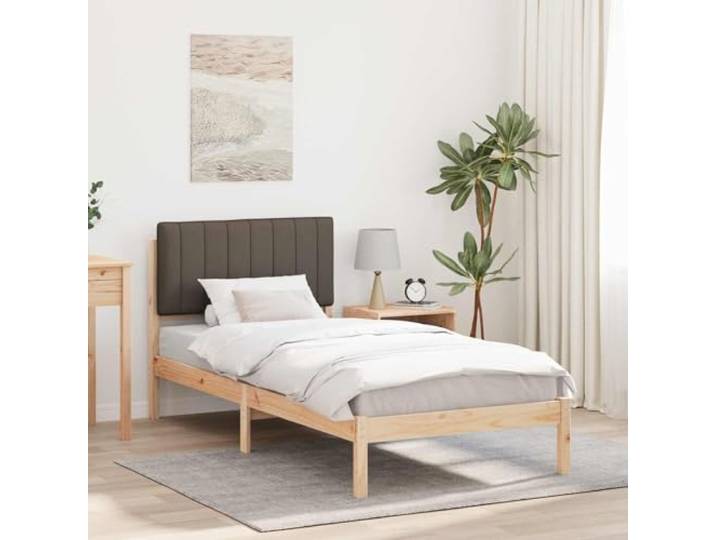 Massivholz Bettgestell Leinen Optik Schaumstoff Polster Taupe 90 x 190 cm Bettgestell mit gepolstertem Kopfteil Taupe 90x190 cm Massivholz Kiefer Lattenrost Einzelbett ohne Boxspring Leinenoptik