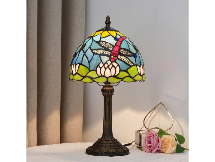 Lampe de table européenne, lampe en verre teinté style libellule bleu marine 8 pouces, décoration chambre à coucher, salon, lampe de bureau pour la lecture