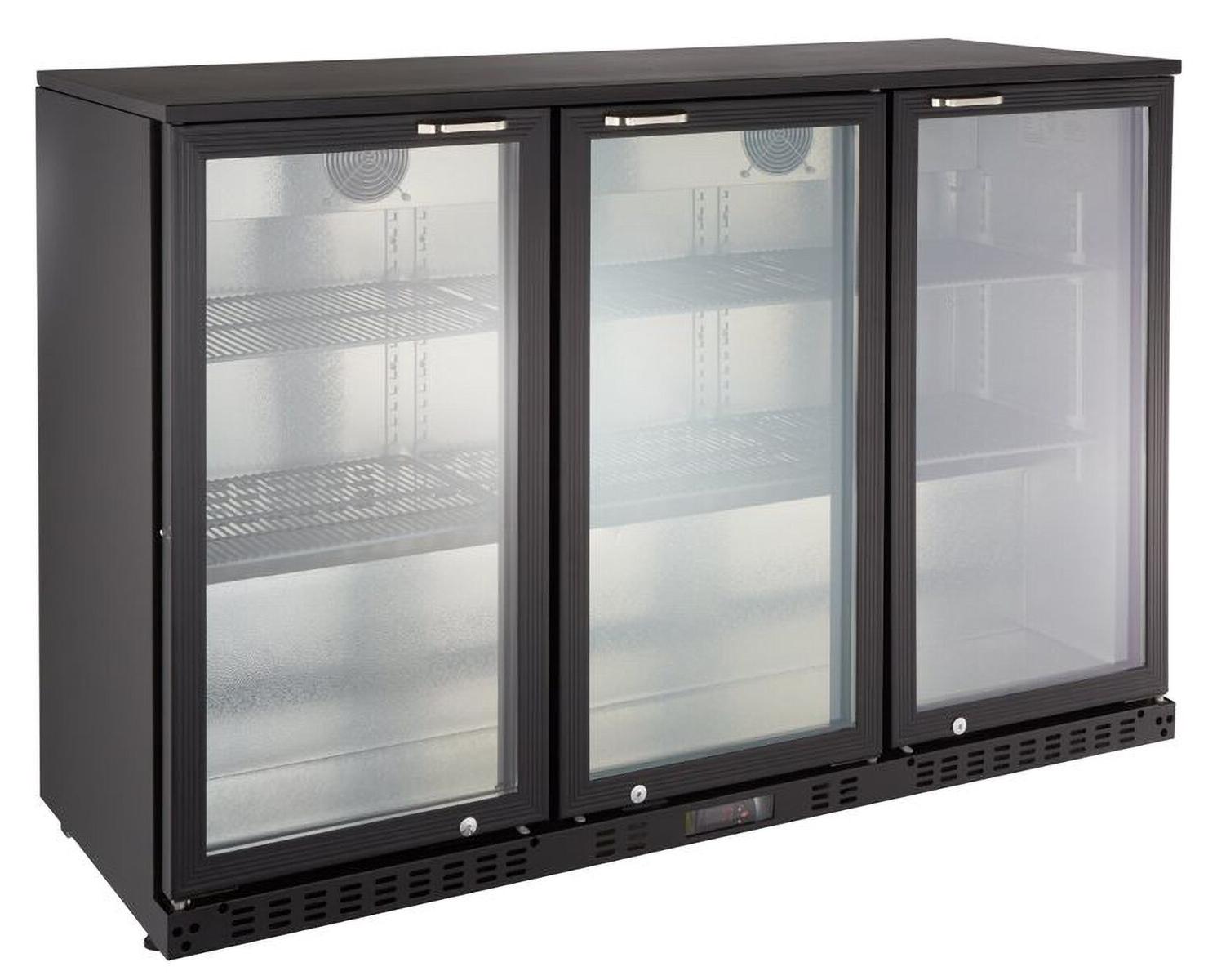 GastroHero Barkühlschrank ECO 350 schwarz 338 Liter Getränkekühlschrank 3 Glastüren LED unterbaufähig Umluft