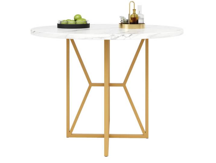 Redom Esstisch, MDF mit Marmormuster & Metallgestell, 80/80/76 cm, Goldfarben, 80x76x80 cm, Esszimmer, Esstische