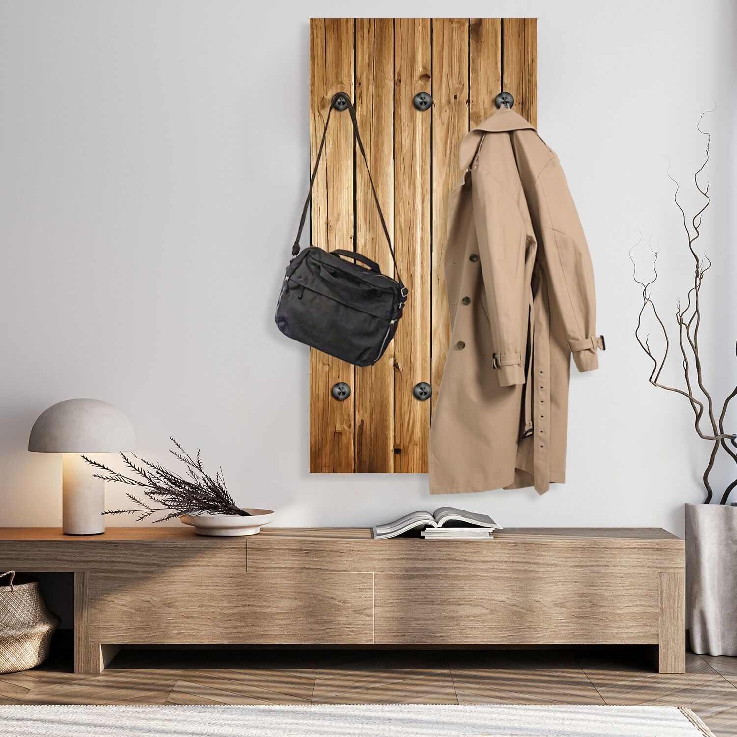 Wandgarderobe QUEENCE "Paneel Holzleisten Optik", braun, B:50cm H:100cm T:2cm, Acrylglas, Garderobenpaneele, Wandgarderobe, Wandpaneel aus Acrylglas inkl. 6 Edelstahlhaken in schwarz matt braun B/H/T: 50cm x 100cm x 2cm