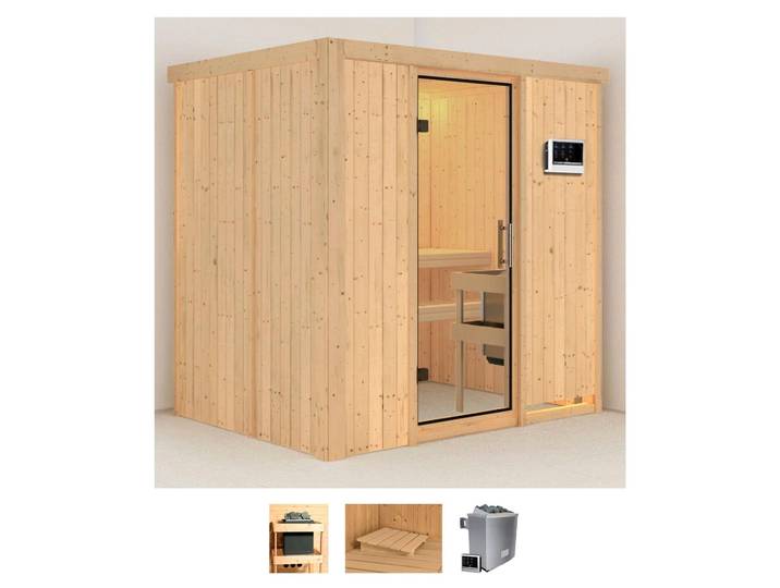 Sauna KARIBU Bedine , beige (naturbelassen), Saunaofen, externe Steuerung, 9 kW, Saunen, Sauna, 9 KW-Ofen mit externer Steuerung