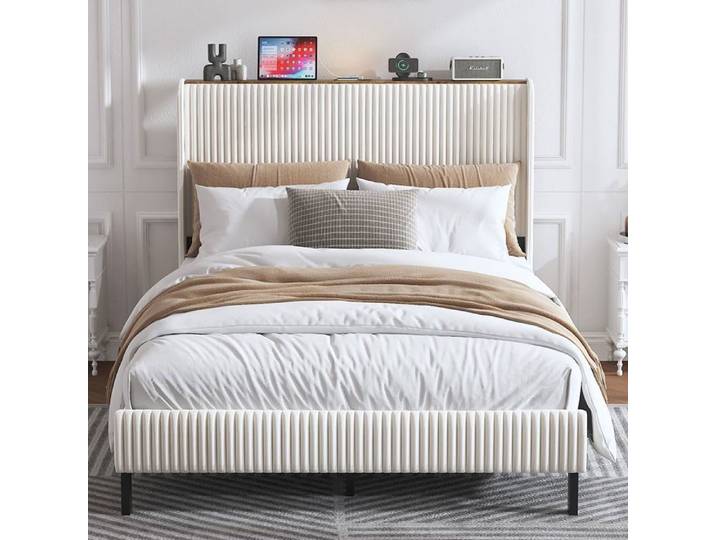 Lit plateforme 140×200 cm rembourré tête de lit en tissu bords incurvés