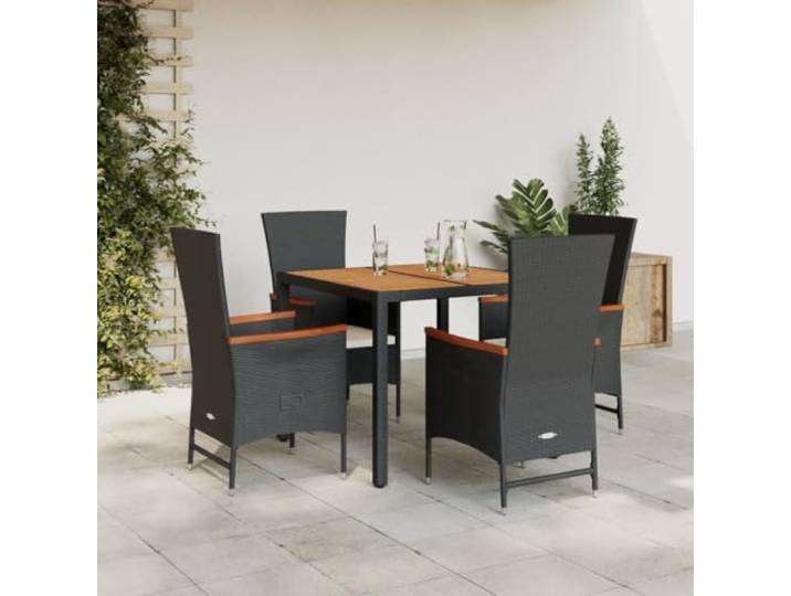 HEFZGDB 5-TLG. Garten-Essgruppe mit Kissen Schwarz Poly Rattan, Outdoor-Esstischgruppe mit verstellbaren Sesseln und Akazienholz-Tischplatte, Wasserabweisende Gartenmöbel