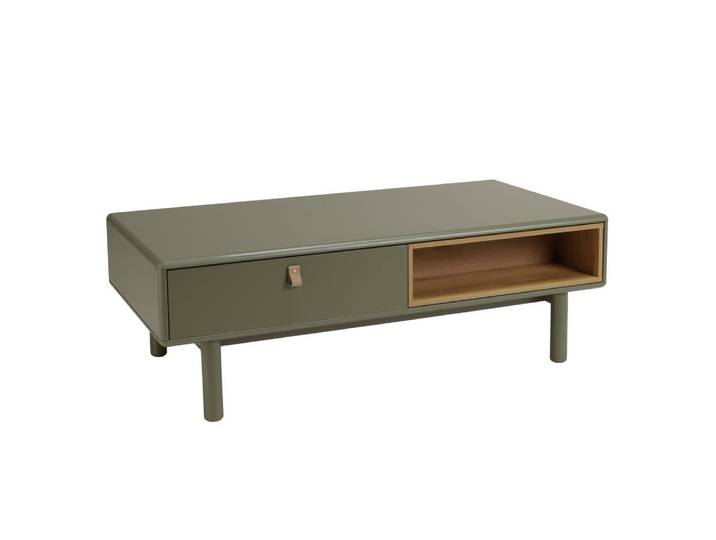 Table basse verte 2 tiroirs et 2 niches en bois naturel