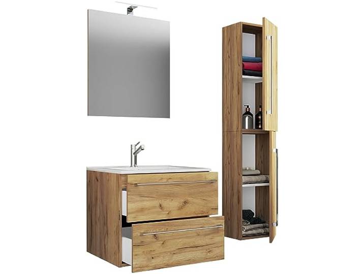VCM 4-TLG. Waschplatz Waschtisch Waschbecken Unterschrank Breite 60 cm Badmöbel Set mit Schubladen Drehtüren Spiegel Badinos
