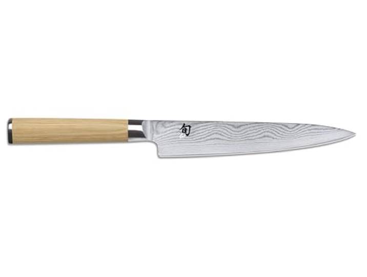 KAI Shun Classic White japanisches Allzweckmesser 15 cm Klingenlänge - Damastmesser 32 Lagen VG MAX Kern - 61 (±1) HRC, Griff aus Pakkaholzgriff - Made in Japan - kleines Kochmesser schmal geschmiedet