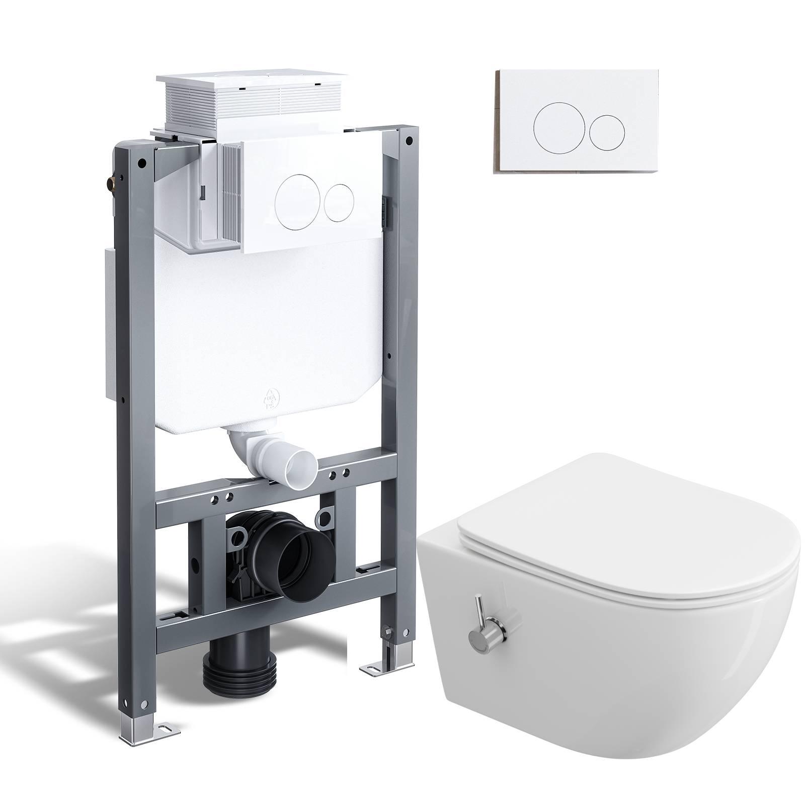 HOROW Komplett Dusch-WC Toilette Set 82cm Vorwandelement Unterputzspülkasten + Wand WC + weiß round Drückplatte