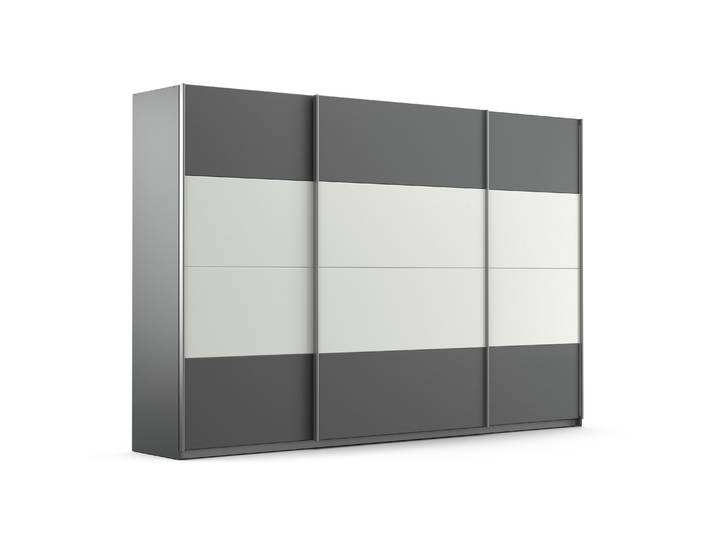 Schwebetürenschrank, Grau Metallic & Weißglas, 315x210x62 cm, Holzwerkstoff, 3 Türen, Klassisch, Rauch