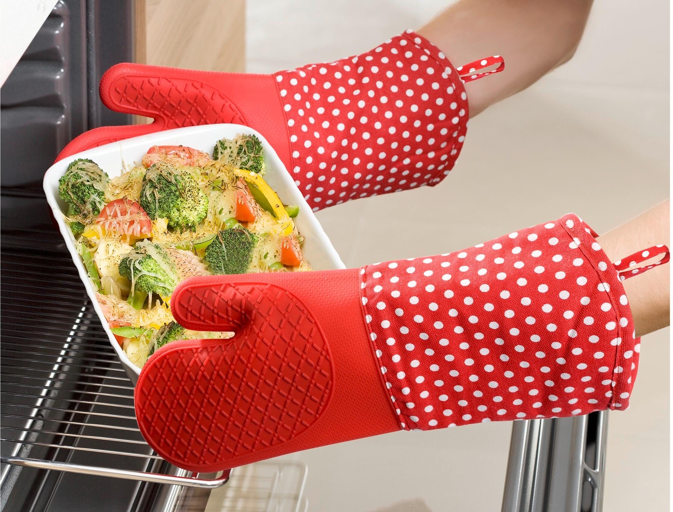 Topfhandschuhe WENKO "Punkte 2er Set", rot, B:18,5cm H:37,5cm L:37,5cm, Baumwolle, Silikon, Topflappen, Topfhandschuhe rot Einheitsgröße