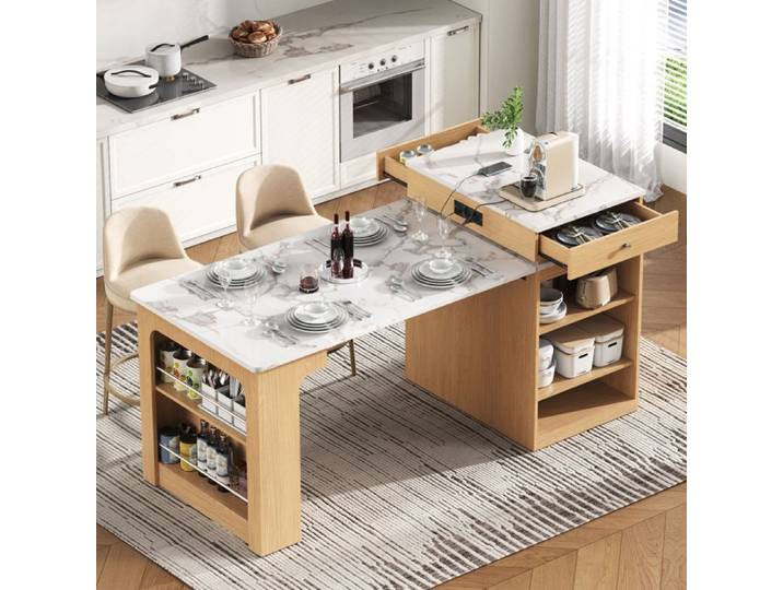 SENVIRO ilot de cuisine table extensible design flottant rangement intégré 80x71x92cm naturel