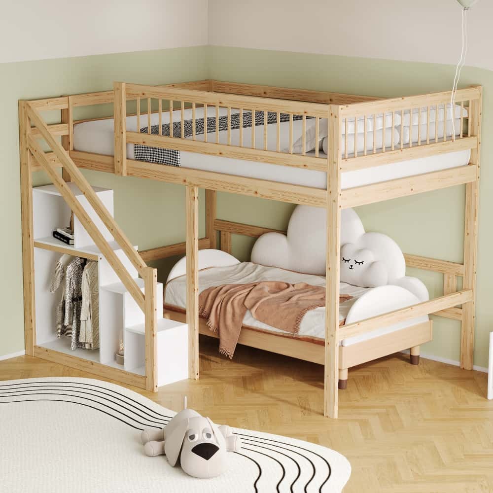 AIORBER Etagenbetten,140x200 cm, mit Aufbewahrungstreppe und Stauschrank, hohes Geländer, Massivholzbett, Massivholzbettgestell, Kinderbett,Holzfarbe