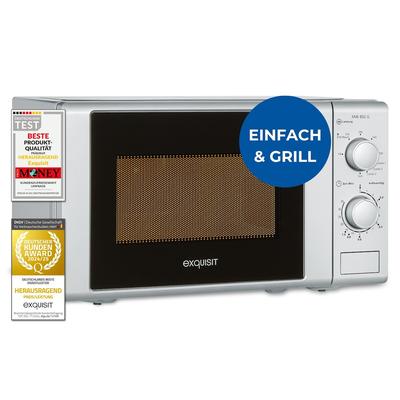 Exquisit Mikrowelle 20L, 1000 Watt Grill, 700 Watt, Einfache Bedienung, 25,5cm Drehteller, 5 Leistungsstufen, Timer, 2 Drehregler, MW 802G silber