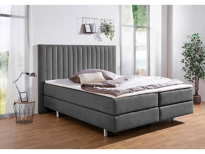 Boxspringbett Frasnito 200 x 200cm Microfaser Grau/Anthrazit H3 Tonnentaschenfederkernmatratze