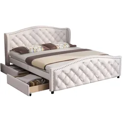 OKWISH Chesterfield Polsterbett 160x200 mit Schubladen Weiß Samtstoff Kopfteil mit Diamond Stitching Boxspring Optik Bett mit Stauraum