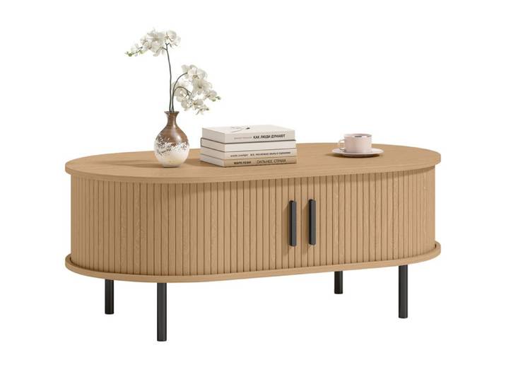 Table basse - HOMCOM - ovale - portes coulissantes - rangement caché - bois et métal - 100x55x40cm - effet bois naturel