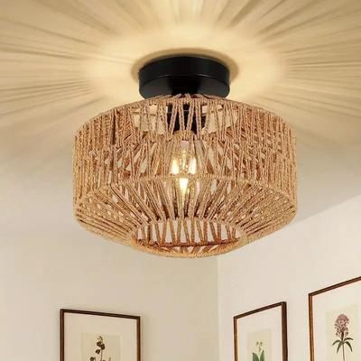 Daily Deals Depot Ceiling Lights Rattan Chandelier Light Fixture, Hand Woven Flush Mount Boho Pendant For Bedroom, Kitchen, Living Room Ceiling Lights Rattan Chandelier Light Fixture, Hand Woven Flush Mount Boho Pendant For Bedroom, Kitchen, Living Room