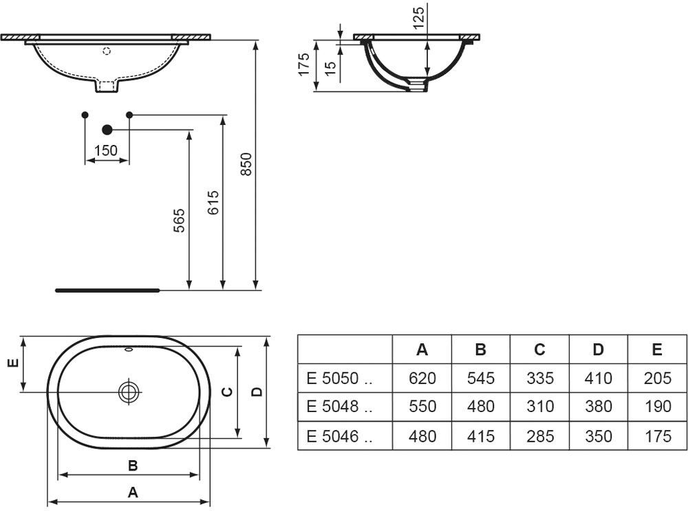 Ideal Standard Unterbauwaschtisch 55 cm, ohne Hahnloch, mit Überlauf