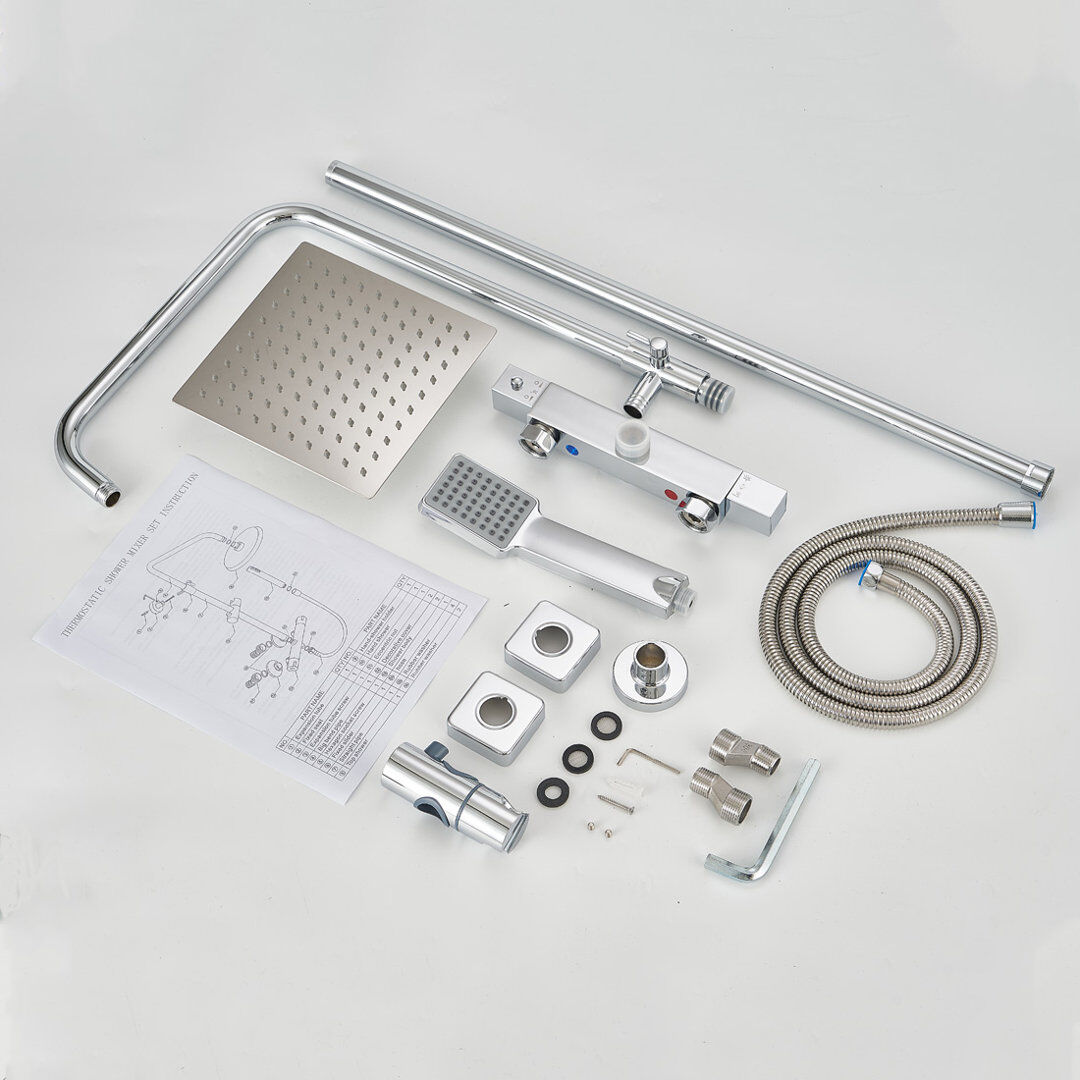 Brayden Studio Thermostatic Shower Mixer Set Square Shower Kit 8 Inch Stainless Steel Overhead Shower Brass 38°c Thermostatic Valve Chrome 120cm H X 25cm W X 100cm L