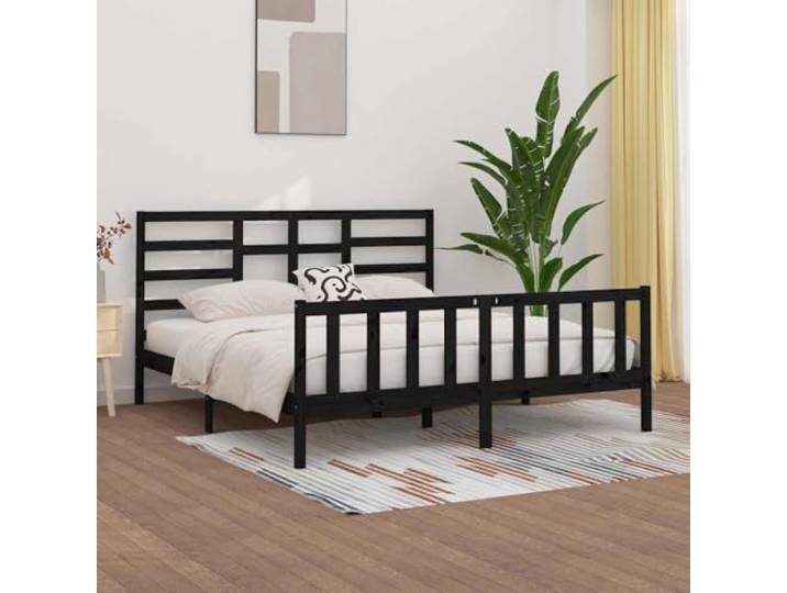 KGHFDVB Bett 205,5 x 206 x 104 cm Schwarz 200 x 200 Massives Kiefernholz, Sperrholzlatten, Bettrahmen mit Kopfteil und Fußteil, für Matratze 200 x 200 cm, fürs Schlafzimmer