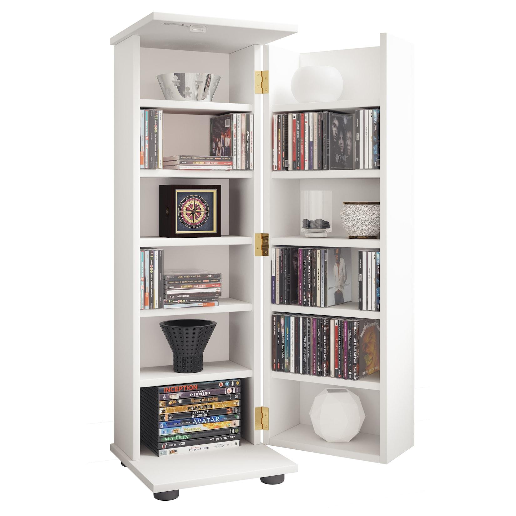 VCM Holz CD DVD Stand Regal platzsparender CD Schrank mit abschließbarer Holztür für 300 CDs oder 130 DVDs oder 72-Videos Maße: H. 93 x B. 31 x T. 31 cm 10 variable Einlegeböden – Engalo L