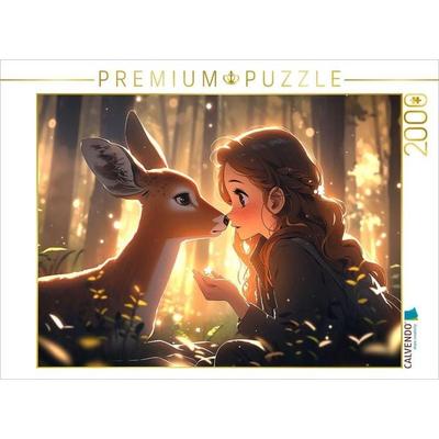 CALVENDO Puzzle Manga Illustration - Mädchen mit Reh im Wald | 2000 Teile Lege-Größe 90x67cm Foto-Puzzle für glückliche Stunden