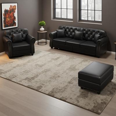 ZWYO HOSIMU 3-Piece Upholstered Faux Leather Sofa Set with 3-Seater Sofa, Single Sofa and Ottoman, 4 Pillows, Nailhead Trim