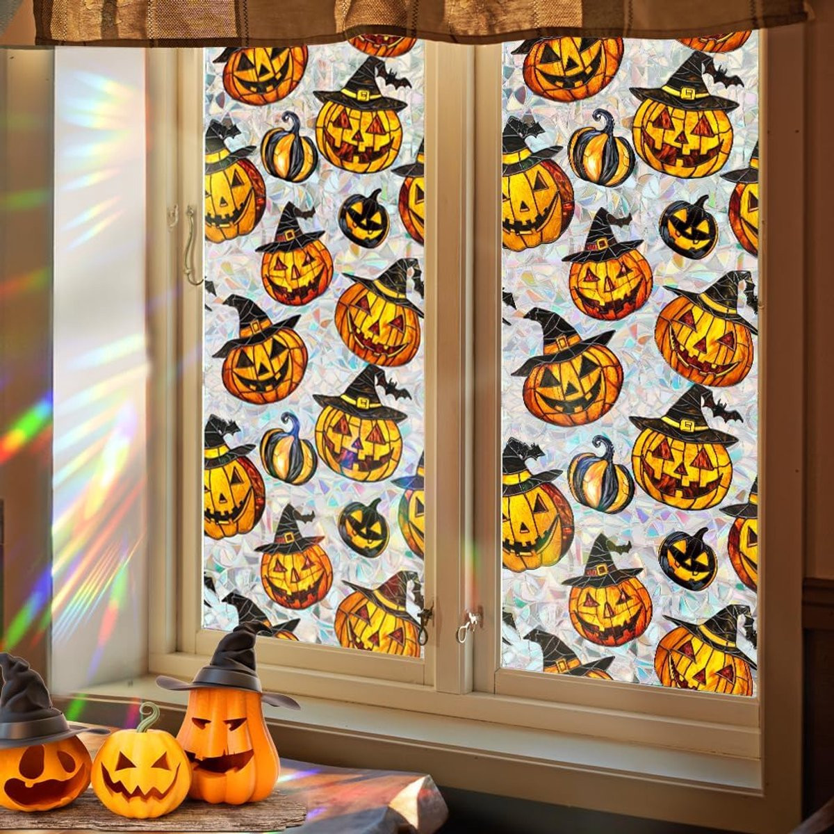 SNQ Halloween Raamstickers met Pompoenmotief - Glas-in-Lood Raamfolie - 43 x 100 cm - Herbruikbare Statische Vensterdecoratie