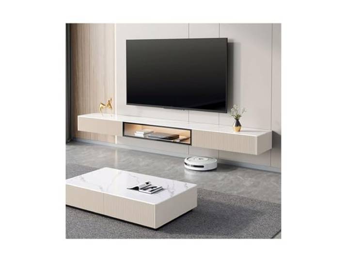 Hhmmei2024-23 Schwebender TV-Schrank an der Wand Wandmontierter TV-Schrank aus Schiefer, schwebendes Unterhaltungszentrum mit Tischplatte Entertainment-Center(Weiß,Klein)