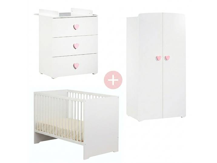 Pack trio: lit bébé 120x60, commode à langer et armoire 2 portes BASIC - Blanc / Rose - BABYPRICE
