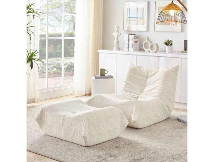 Fauteuil lounge compressé avec pouf teddyfell beige mousse dossier relax 100 x 90 x 70 cm TYNQER