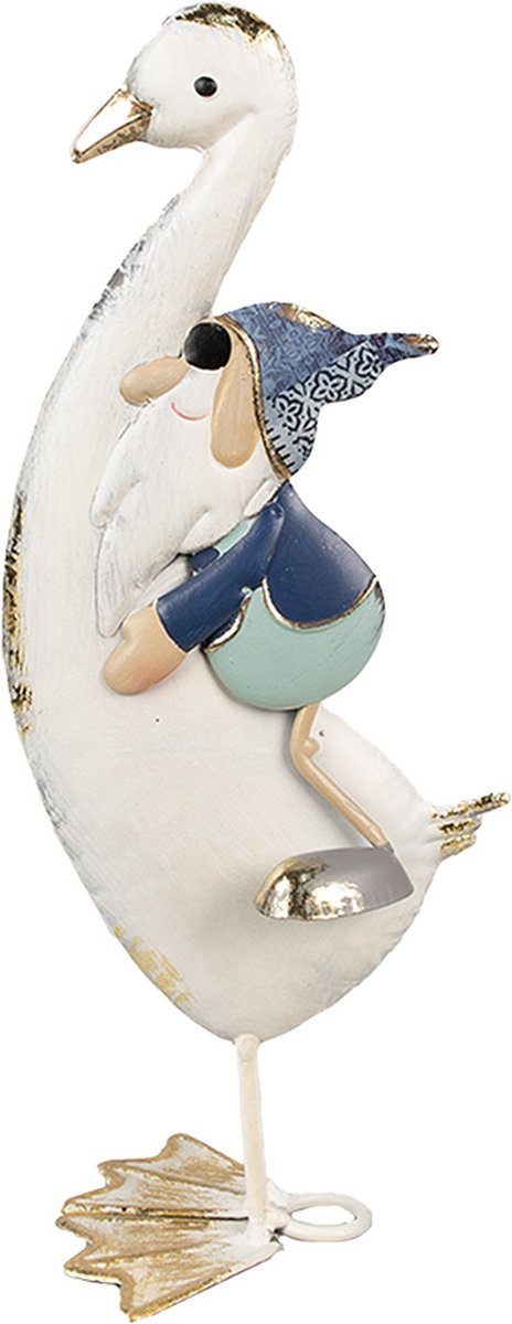 Clayre & Eef Decoratie Beeld Gans Wit Blauw Metaal 36 cm