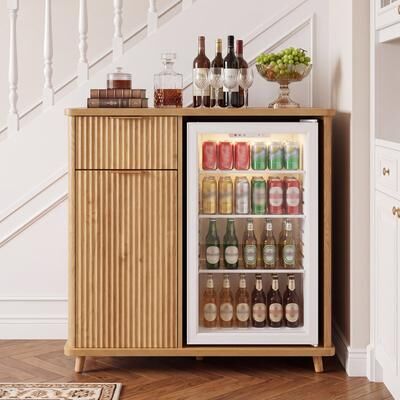Kodotan sofa Fluted Coffee Bar Cabinet with Mini Fridge Space & Charging Station,Home Bar Cabinet with Hidden Trash Can Compartment & Drawer
