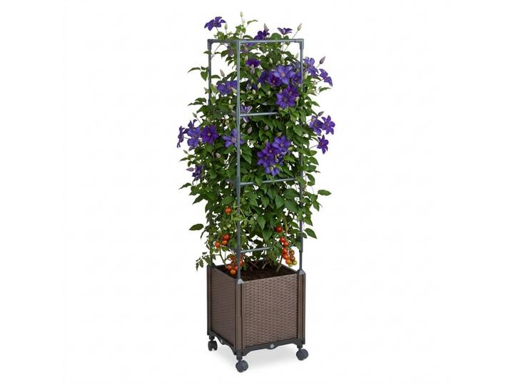 Relaxdays Pflanzkübel Anthrazit mit Rankgitter Rollen Rattan-Optik, Metall, Kunststoff, 30x135x30 cm, Dekoration, Blumen & Blumentöpfe, Übertöpfe