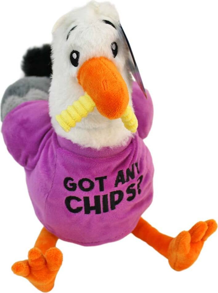 BEMIRO Meeuw knuffeldier met paars T-shirt en grappige spreuken, 32 cm