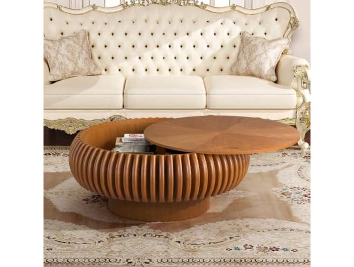 DAXUESEH Runder Couchtisch Mit Stauraum Und Geriffelten Kanten Moderner Runder Trommel-Couchtisch, Runder Holztisch Mit Geriffelten Kanten Aus Massivholz, Für Das Wohnzimmer
