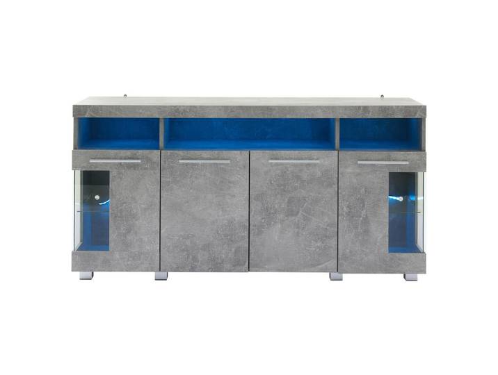 ComfortXL Sideboard De-37758 mit LED-Beleuchtung und Glasfront Zementgrau, Grau, 140x70x40 cm, Kleinmöbel, Kommoden, Sideboards