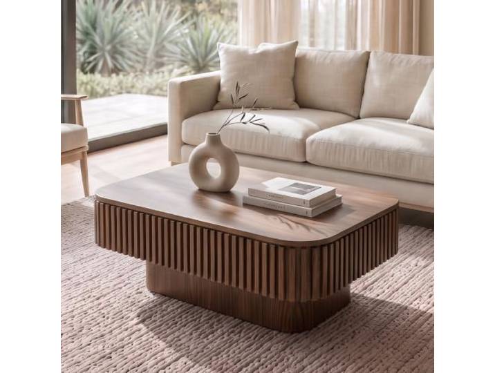 98 cm Moderner Rechteckiger Couchtisch mit Stauraum, Holzoptik,Walnuss Moderner rechteckiger Sofatisch mit Fluted Design und abnehmbarem Deckel, Beistelltisch & Kaffeetisch mit verstecktem
