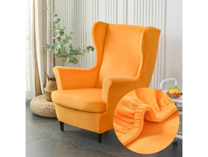 Highdi Housse de Fauteuil à Oreilles Velours Extensible 2-Pièces Couverture de Fauteuil avec Housse de Coussin en T\, Couleur Unie Mode Housse de Fauteuil Antidérapante pour Strandmon\,Chambre (Orange)