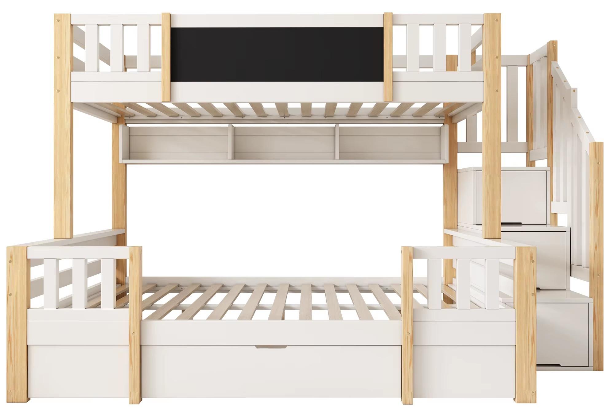 Massivholz-Etagenbett - Hochbett - 90 x 200 cm - Stauraum - Treppe mit Schubladen - Leiter - Naturweiß