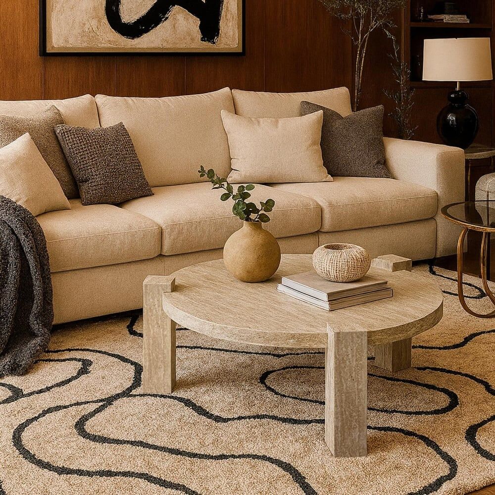 Menzzo Table basse ronde moderne titouan d84cm effet travertin beige Beige 84x40x77cm
