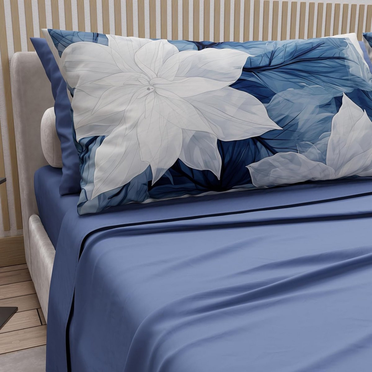 Tweepersoons katoenen beddengoed met blauw bloemenpatroon en kussenslopen