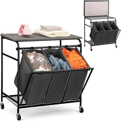 NO "Laundry Sorter Cart Heavy Duty 3 Bags Classic Rolling Side pull Laundry Hamper Sorter - 17.32""D x 28.35""W x 30.31""H"