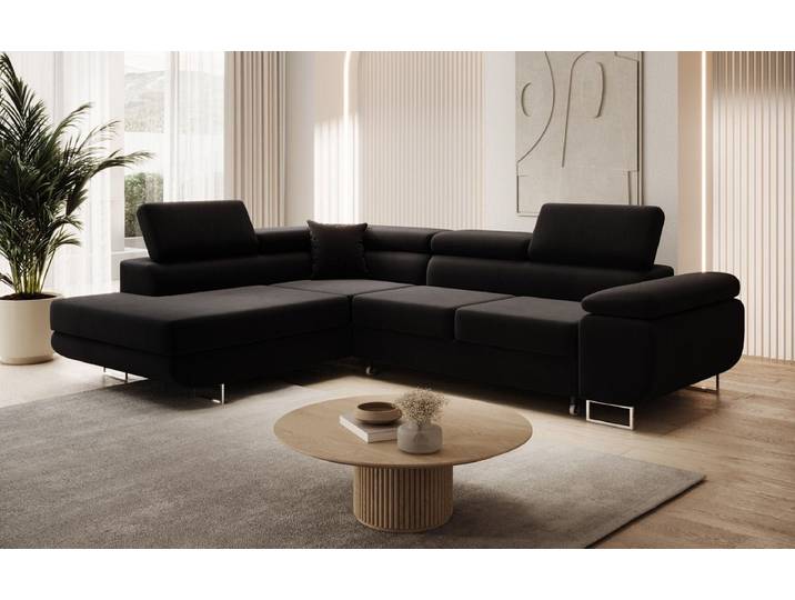 Designer Ecksofa Aston mit Schlaf- und Klappfunktion aus Samt - Schwarz - Links - Samt - Luxusbetten24