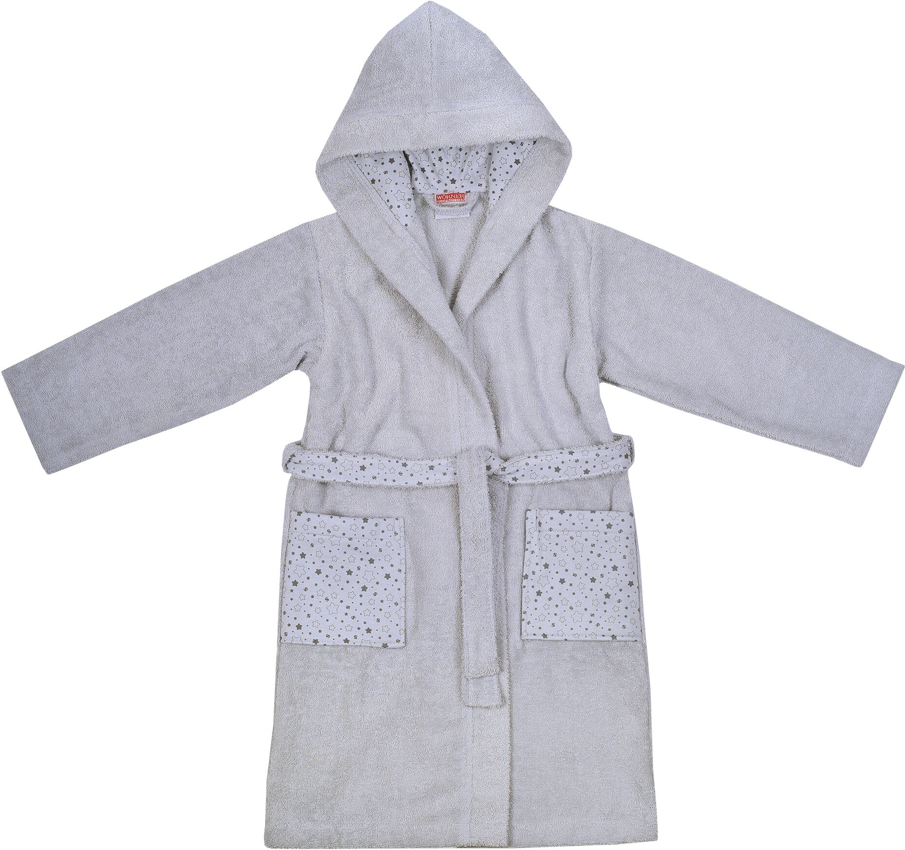 Kinderbademantel WÖRNER "Sterne" Gr. 110, grau (hellgrau), L:70cm, Baumwoll-Webfrottier, Hausmäntel, Kinderbademantel, mit Stickerei, mit Taschen, maschinenwaschbar, trocknergeeignet