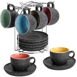Miamio Espressotassen Las Palmitas, grau, Keramik, 6 Tassen mit Untertassen, Set 13-teilig