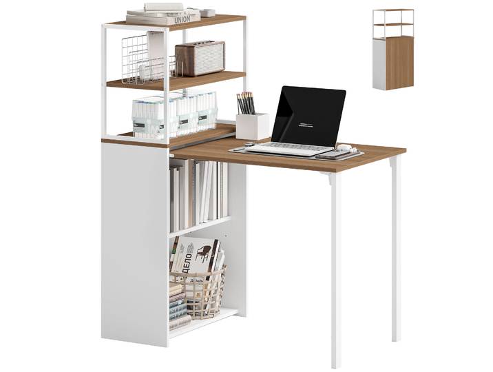 Bureau pliant Homcom avec étagère, table de bureau avec 4 étagères, table d'ordinateur pour petits espaces, bureau, bureau à domicile, 105X60X127 cm, naturel