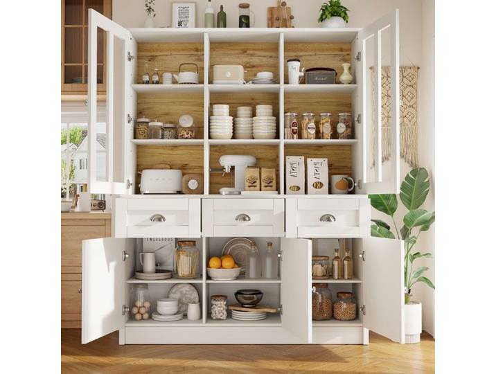 Buffet Haut Rangement Moderne-Vitrine et Tiroirs Pratiques-Structure Stable-Blanc 140x38.5x175cm-Organisation Cuisine Salon