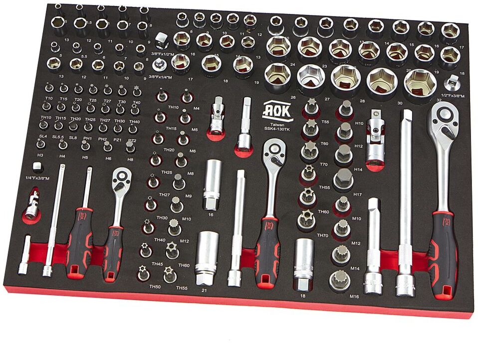 AOK Professional 130 pezzi 1/4, 3/8, 1/2 pollici Set di bussole Intarsio in schiuma